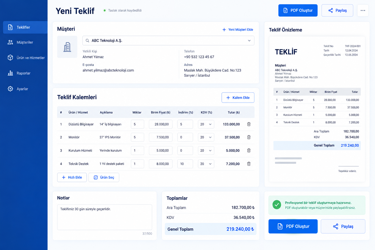 TeklifMatik müşteri, teklif kalemleri, toplamlar, PDF ve paylaşım ekranı
